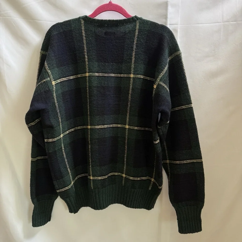 Vintage Polo Ralph Lauren Men's XL Wool Sweater Plaid Crew Neck Blue Green Knit